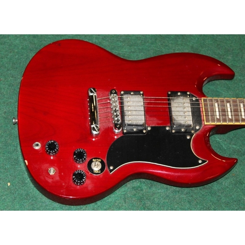 263 - Legend SG copy cherry red body electric guitar c/w Ritter soft carry case