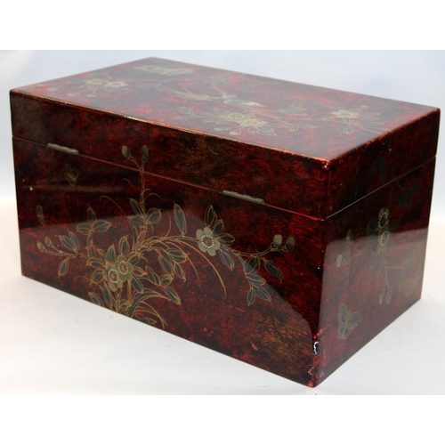 291 - Lacquerware storage box with Oriental style decoration and lined interior. 48cms x 27cms x 29cms