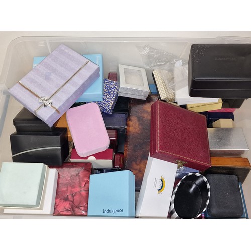 350 - A plastic tub of various jewellery boxes and bags. Variety of sizes and ages.