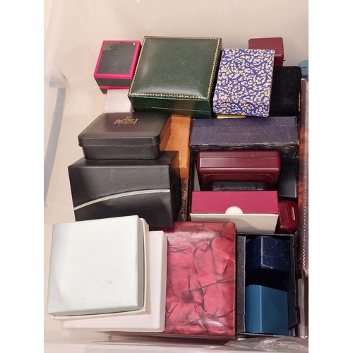 350 - A plastic tub of various jewellery boxes and bags. Variety of sizes and ages.