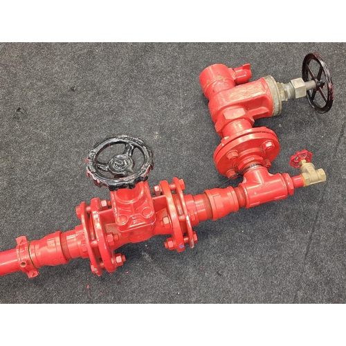 244 - From a prop company: A red painted reclaimed adjustable choke valve possibly used in oil and gas or ... 