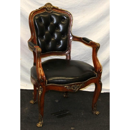 217 - Wood framed button back  library chair with gilded accents. Seat height 45cms