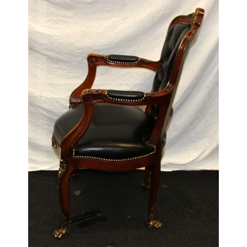 217 - Wood framed button back  library chair with gilded accents. Seat height 45cms