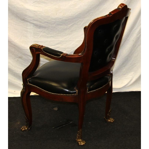 217 - Wood framed button back  library chair with gilded accents. Seat height 45cms