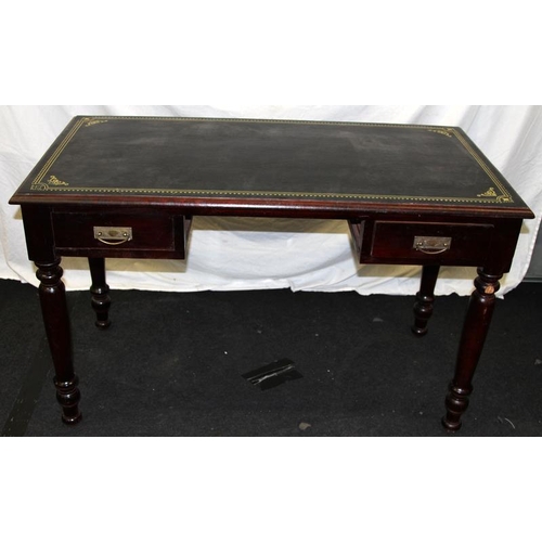 252 - Reproduction two drawer library table with leather top. 130cms across x 79cms tall x 68cms deep