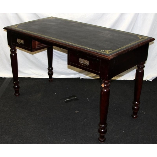 252 - Reproduction two drawer library table with leather top. 130cms across x 79cms tall x 68cms deep