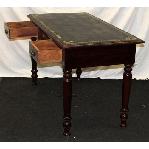 252 - Reproduction two drawer library table with leather top. 130cms across x 79cms tall x 68cms deep