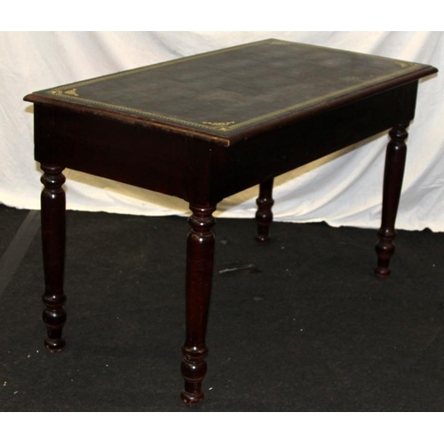 252 - Reproduction two drawer library table with leather top. 130cms across x 79cms tall x 68cms deep