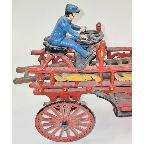 180 - Antique early 20th century cast iron horse drawn fire ladder wagon. Comes in two parts. Total length... 