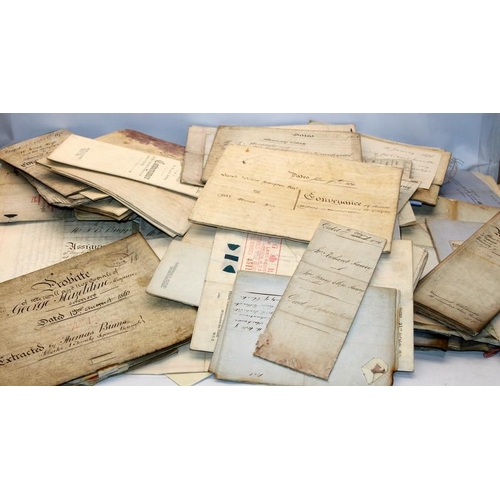 202 - Box containing a large quantity of antique legal documents, deeds, wills, probates etc. Good lot to ... 