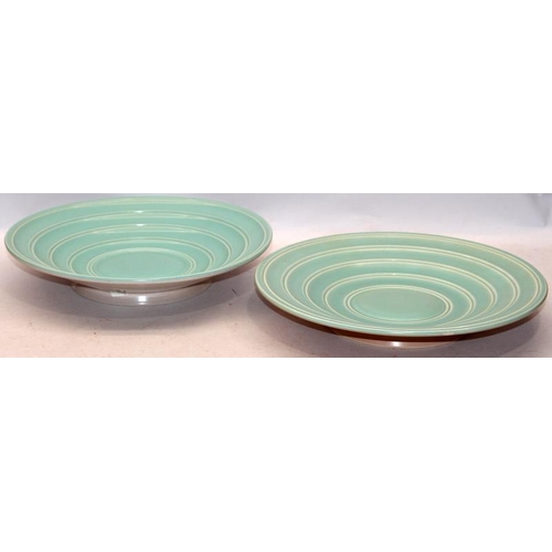 272 - Poole Pottery: A pair of large twin tone chargers with a raised pattern of concentric circles. one s... 