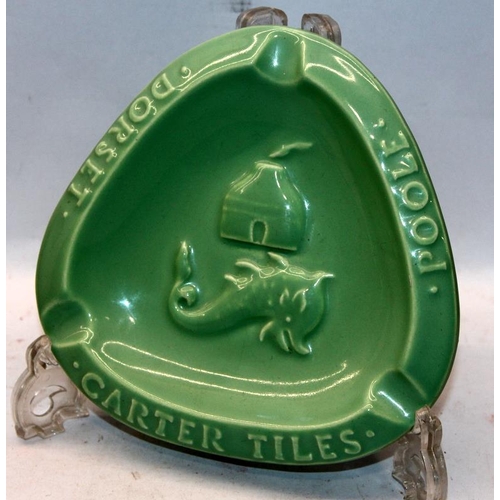 273 - Poole Pottery: A Carter Tiles advertising ashtray, a Poole Studio blue stamp small bowl and a green ... 