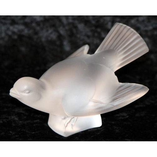 69 - Lalique wings our sparrow. Frosted glass with etched signature to base. 14cms across.