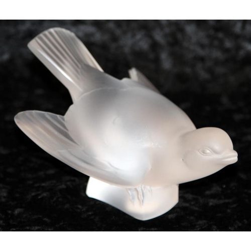 69 - Lalique wings our sparrow. Frosted glass with etched signature to base. 14cms across.