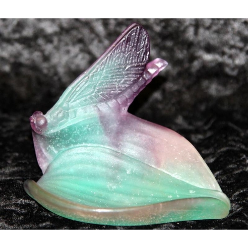 77 - Daum France Pate De Verre Libellule Dragonfly trinket dish.  9cms across.