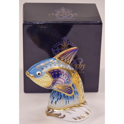 287 - Royal Crown Derby limited edition 182/2500 Guppy Fish paperweight. Gold stopper. Signed to base c/w ... 