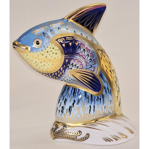 287 - Royal Crown Derby limited edition 182/2500 Guppy Fish paperweight. Gold stopper. Signed to base c/w ... 