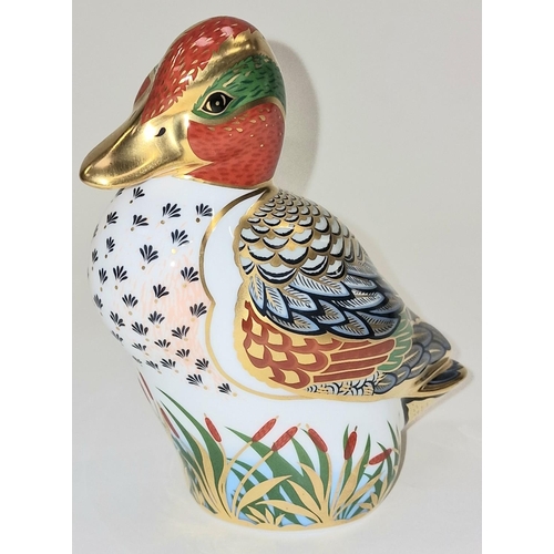 289 - Royal Crown Derby exclusive collectors guild Green Winged Teal paperweight. Gold stopper, signed to ... 