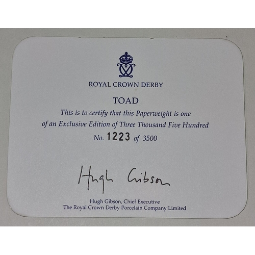 295 - Royal Crown Derby limited edition 1223/3500 Toad paperweight. Gold stopper. Signed to base c/w box a... 