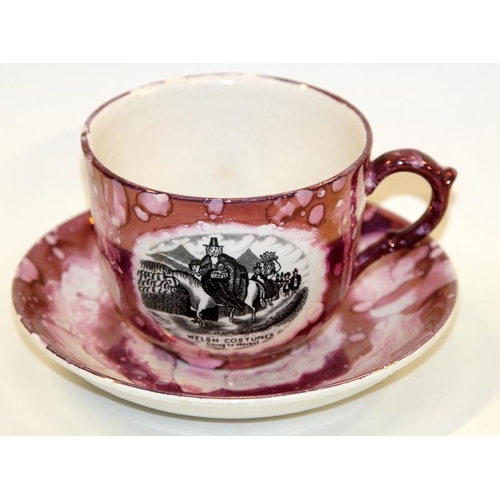 13 - Grays (Sunderland ware) lustre large breakfast cup & saucer depicting Welsh Costumes going to Market... 