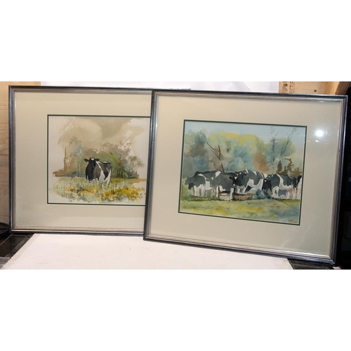 144 - Frankie Cummins (1946-) pair of original watercolour paintings depicting dairy cows against in a rur... 