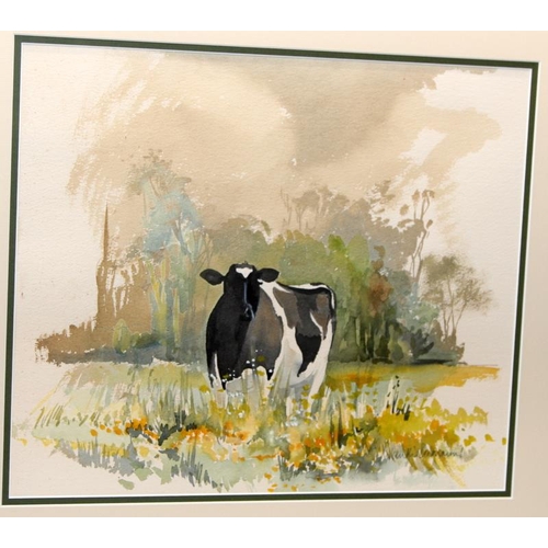 144 - Frankie Cummins (1946-) pair of original watercolour paintings depicting dairy cows against in a rur... 