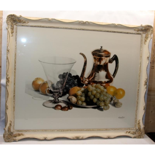 195 - Large limited edition print - still life of fruit and glass urn, silver teapot. 234/350 and signed i... 