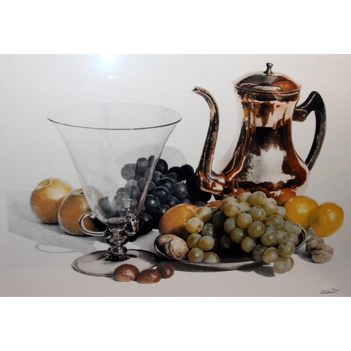 195 - Large limited edition print - still life of fruit and glass urn, silver teapot. 234/350 and signed i... 