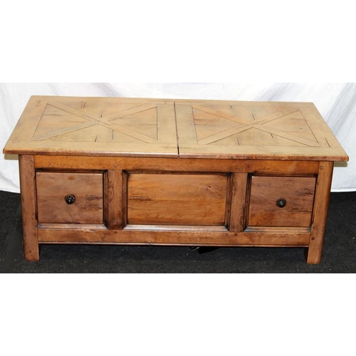 266 - Large solid oak coffee/drinks storage table, two large front to back drawers with elevated drinking ... 