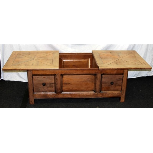 266 - Large solid oak coffee/drinks storage table, two large front to back drawers with elevated drinking ... 