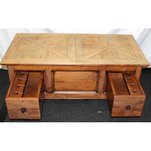 266 - Large solid oak coffee/drinks storage table, two large front to back drawers with elevated drinking ... 