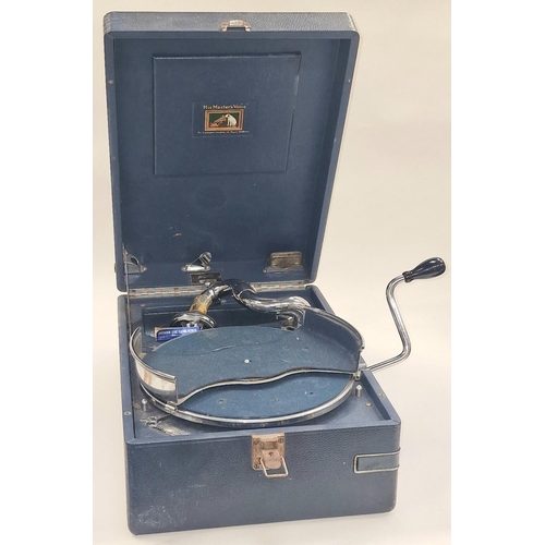 181 - HMV 102 vintage wind up gramophone in blue leatherette fitted with HMV No. 5A soundbox c/w some need... 