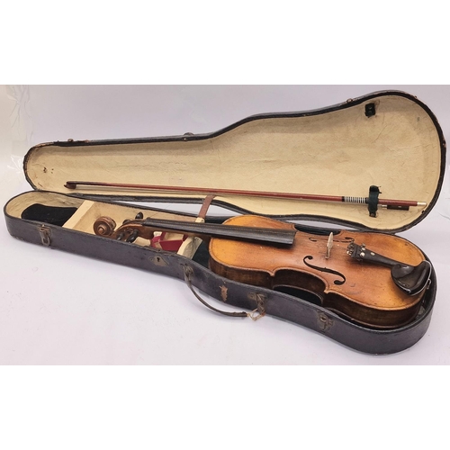 263 - Antique full size violin c/w bow in period (tatty) case. No makers mark.