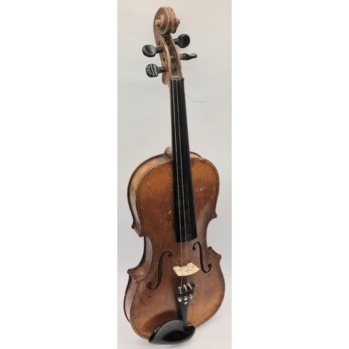 263 - Antique full size violin c/w bow in period (tatty) case. No makers mark.