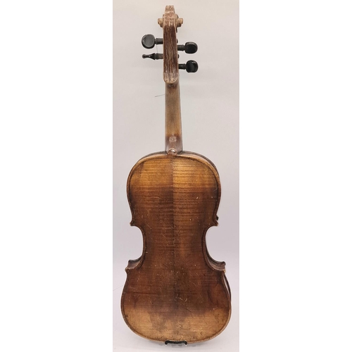 263 - Antique full size violin c/w bow in period (tatty) case. No makers mark.