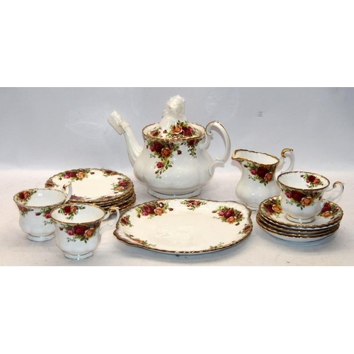 139 - A Royal Albert Old Country Roses part tea service including good teapot, creamer and serving platter