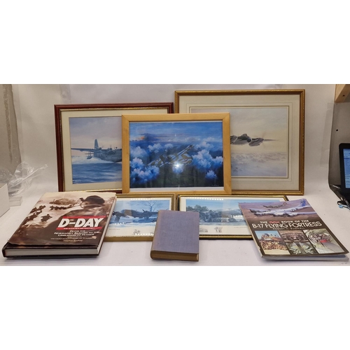 213 - A collection of five framed and glazed aviation prints together with a few related books.