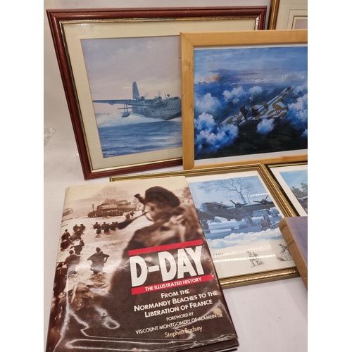 213 - A collection of five framed and glazed aviation prints together with a few related books.