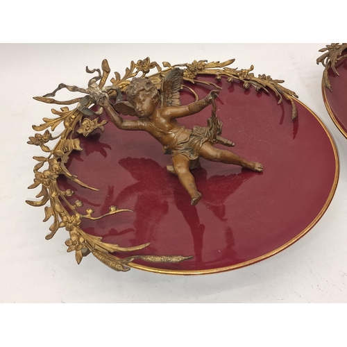 59 - Pair of Neoclassical Bronze Putti on red porcelain plates plaques wall decor 13