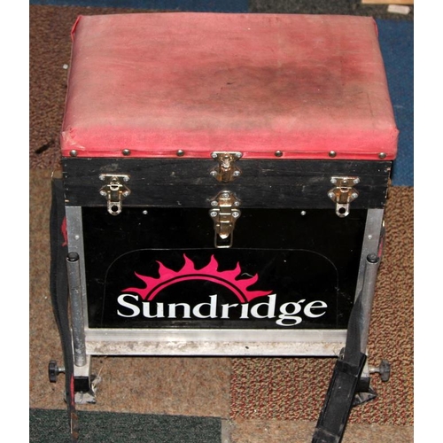 166 - Sundridge fishing seat box containing a quantity of fishing tackle including a Mitchell 300 reel, an... 