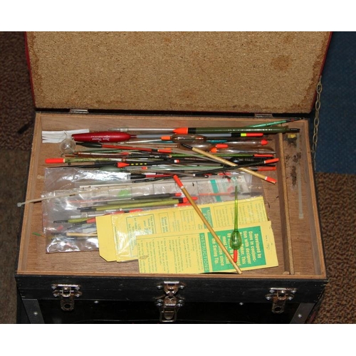 166 - Sundridge fishing seat box containing a quantity of fishing tackle including a Mitchell 300 reel, an... 