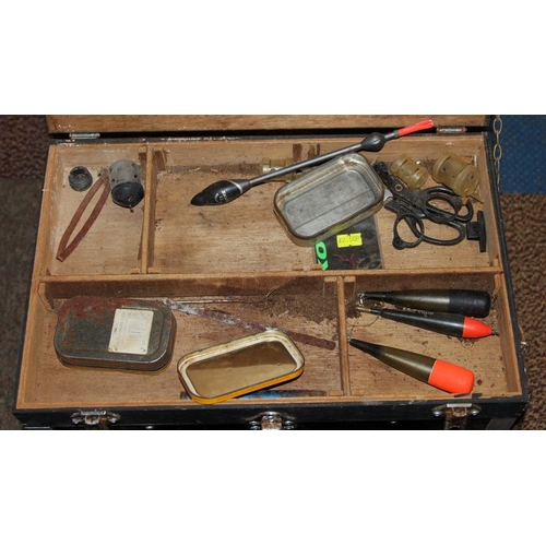 166 - Sundridge fishing seat box containing a quantity of fishing tackle including a Mitchell 300 reel, an... 