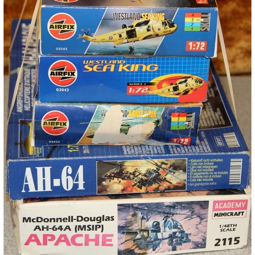 86 - Model Kits: 5 x Helicopter model kits, Airfix, Academy etc. Boxes opened with storage wear but conte... 