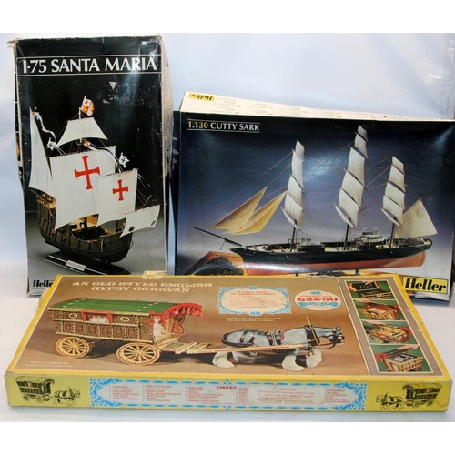 89 - Model Kits: Heller kits Cutty Sark 1:130, Santa Maria 1:75 c/w a Boxaline Old Style English Gypsy Ca... 