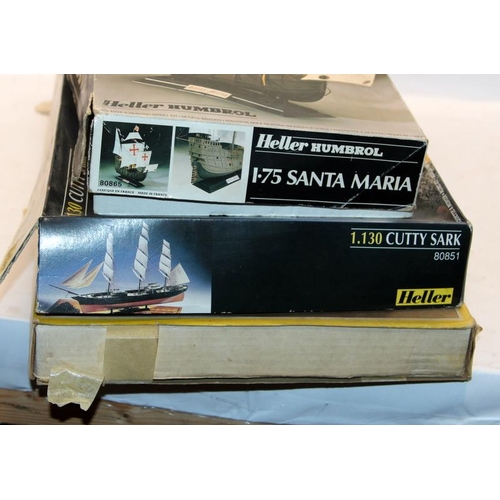 89 - Model Kits: Heller kits Cutty Sark 1:130, Santa Maria 1:75 c/w a Boxaline Old Style English Gypsy Ca... 