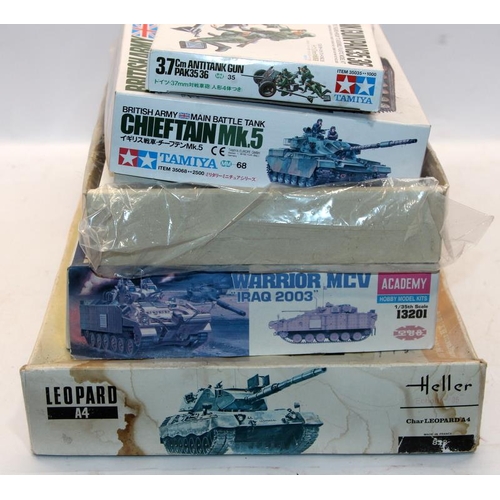 92 - Model Kits: 5 x battle tank and anti tank gun model kits, Heller, Academy, Tamiya. Boxes opened with... 