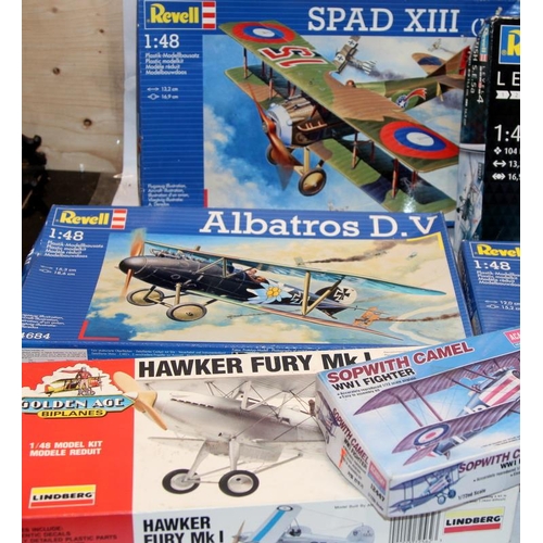 93 - Model Kits: A collection of Bi/Tri Plane model kits by Revell, Eduard, Academy, Lindberg, Glencoe et... 