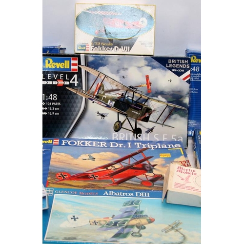 93 - Model Kits: A collection of Bi/Tri Plane model kits by Revell, Eduard, Academy, Lindberg, Glencoe et... 