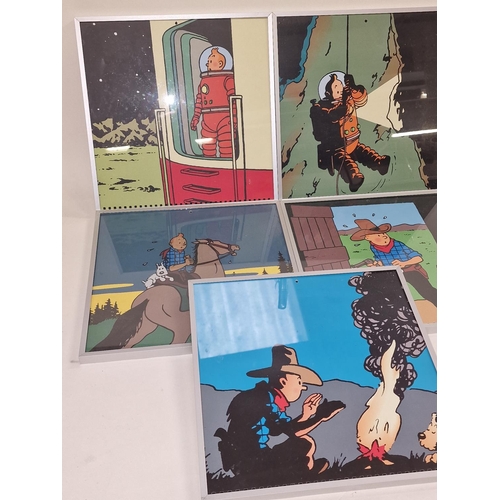 206 - Set of five contemporary Tin Tin framed and glazed pictures each measuring 31x31cm.