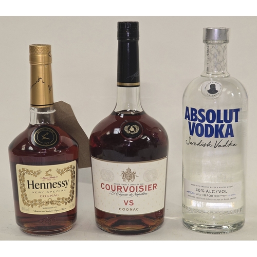 15 - 3 x misc. spirits to include Courvoisier VS cognac 1L, Hennessy VS Cognac 70cl and Absolut Vodka 1L ... 
